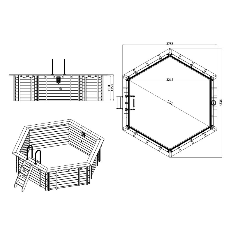 Rozmery dreveného bazéna Sunny Delight HEXA2.